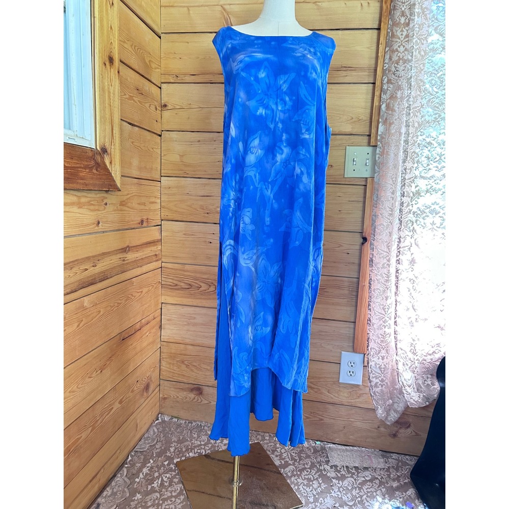 Vintage Maxi Dress Womens Extra Large Cobalt Blue Watercolor Floral 90s AYSHA